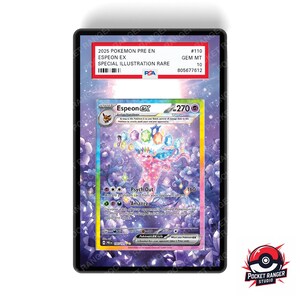May include: A framed Pokémon card featuring Espeon EX. The card has a colorful illustration of Espeon with gem-like adornments. The frame includes a PSA certification label and text indicating it's a special illustration rare.