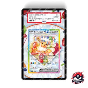 May include: A graded Pokémon card featuring Eevee EX from the 2025 SVP EN Pre-Super Premium Collection. The card is encased in a black holder with a PSA certification and the text "Eevée EX". The card has a colorful illustration.