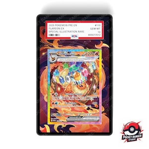 May include: A graded Pokémon card featuring Flareon EX. The card has a colorful illustration with a fiery background and gem-like accents. The card is encased in a black holder with a PSA label, indicating its authenticity and grade.