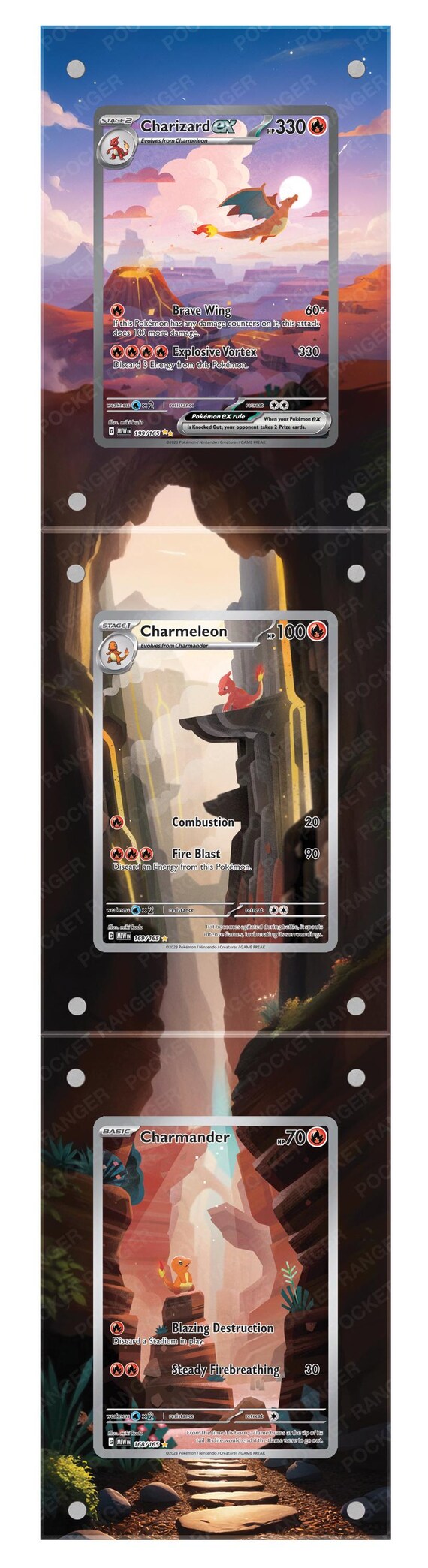 Pokemon 151 Charizard EX 199, Charmander 168, Charmeleon 169 Custom Display Case – Full Art