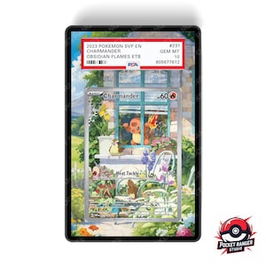 Op de afbeelding: Een beoordeelde Pokémon-ruilkaart met Charmander uit de Obsidian Flames-set. De kaart zit in een beschermende houder, met een kleurrijke illustratie van Charmander in een tuin. De kaart is beoordeeld met GEM MT 10.