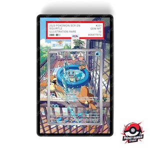 May include: A graded Pokémon trading card featuring Squirtle in a blue pool, with the text "2023 Pokemon SCR EN Squirtle Illustration Rare." The card is encased in a black holder with a PSA grade of 10.