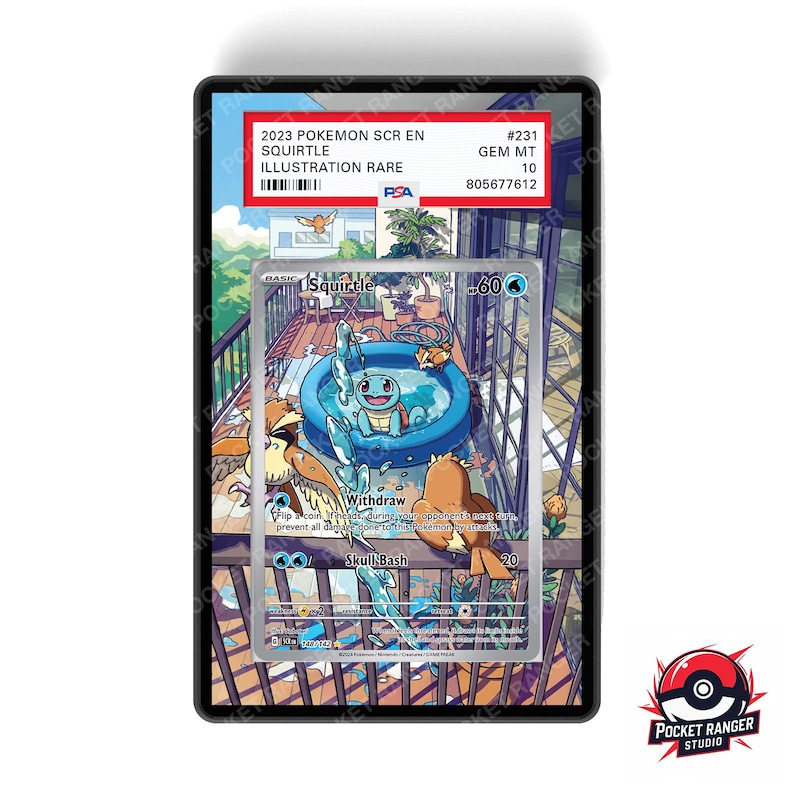 May include: A graded Pok&eacute;mon trading card featuring Squirtle in a blue pool, with the text "2023 Pokemon SCR EN Squirtle Illustration Rare." The card is encased in a black holder with a PSA grade of 10.