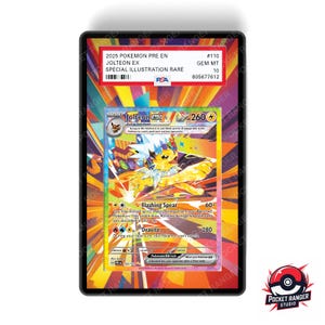 May include: A graded Pokémon card featuring Jolteon EX. The card has a vibrant illustration of Jolteon with a yellow and white color scheme. The card is encased in a black holder with text indicating it's a special illustration rare.
