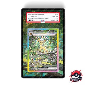 May include: A graded Pokémon card featuring Leafeon EX. The card has a holographic background with a forest scene and a Leafeon character. The card is encased in a black holder with text that reads "2025 Pokemon Pre En Leafeon EX Special Illustration Rare".