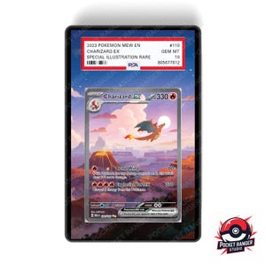 May include: A graded Charizard EX Pok&eacute;mon card, GEM MT 10, showcasing a colourful illustration of the fire-type Pok&eacute;mon. The card is in a protective holder, with text reading "2023 Pokemon Mew EN" and "Special Illustration Rare".
