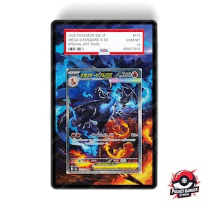 May include: A graded Pokémon card featuring Mega Charizard X EX. The card has a vibrant illustration of Charizard in a fiery and icy setting. The card is encased in a protective holder with a PSA certification.