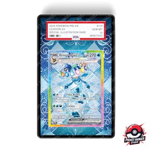 May include: A graded Pokémon card featuring Glaceon EX. The card has a blue and white design with the text "Frost Bullet" and "Euclase". The card is encased in a black holder with the text "2025 Pokemon Pre En" and "Special Illustration Rare".