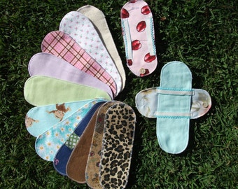 10 Flannel Cloth Menstrual Pads Pantyliners w / 2 Detached Wings - LONG