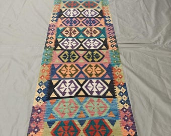 Tappeto Kilim afghano a tessitura piatta, multicolore, fatto a mano, 3 x 13 piedi (2,7 x 13,1)