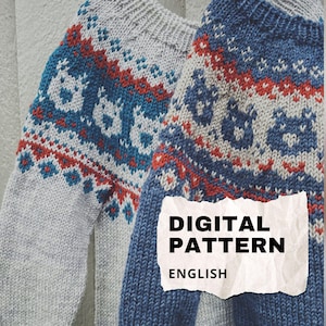 May include: Two knitted sweaters with a pattern of blue and red geometric shapes and cat-like figures on a gray and blue background. The text "DIGITAL PATTERN ENGLISH" is on a white paper.