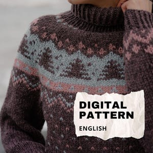 May include: A close-up of a knitted sweater with a high collar. The sweater is primarily dark brown with light blue and pink geometric patterns across the chest and sleeves. The words "DIGITAL PATTERN ENGLISH" are on a white paper.