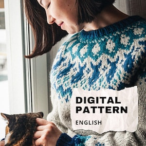 Może przedstawiać: Osoba w szarym swetrze z niebiesko-białym wzorem. Tekst "DIGITAL PATTERN ENGLISH" jest wyświetlany na białej kartce papieru. Osoba trzyma kota.