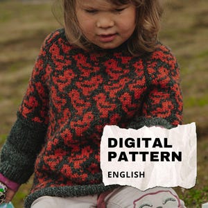 Può includere: Un maglione lavorato a maglia per bambini con un motivo rosso e grigio scuro. Le maniche sono grigio scuro. Il testo "DIGITAL PATTERN ENGLISH" è su un foglio di carta bianca.