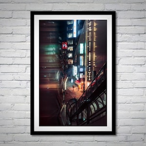 Tokyo Night Street Photography Print – Neon Alley with Lone Walker & Light Trails, Urban Japan Wall Art, Dreamy Cyberpunk Atmosphere