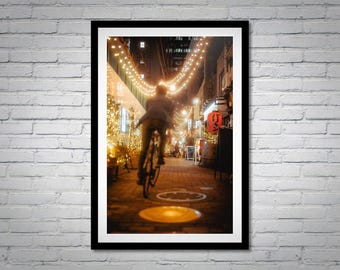 Tokyo Street Photography Print: Nakano Alley, Cyclist, Lanterns