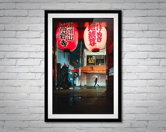 Tokyo Rainy Night Street Photography: Red Lanterns, Man with Umbrella