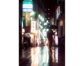 Rainy Tokyo Street Photography: Neon Alley Cyberpunk Art Print