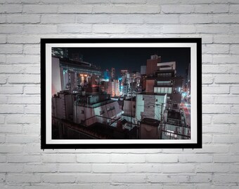 Tokyo Rooftop Photography Print: Neon Cityscape Wall Art