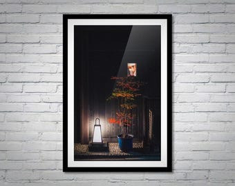 Japanese Street Photography Print: Bonsai, Lantern, Chef Window View