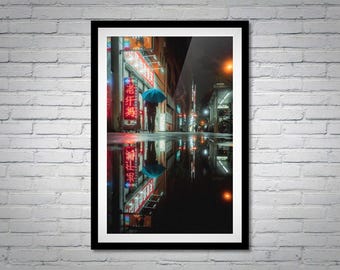 Osaka Rainy Night Photography Print: Blue Umbrella, Neon Reflections