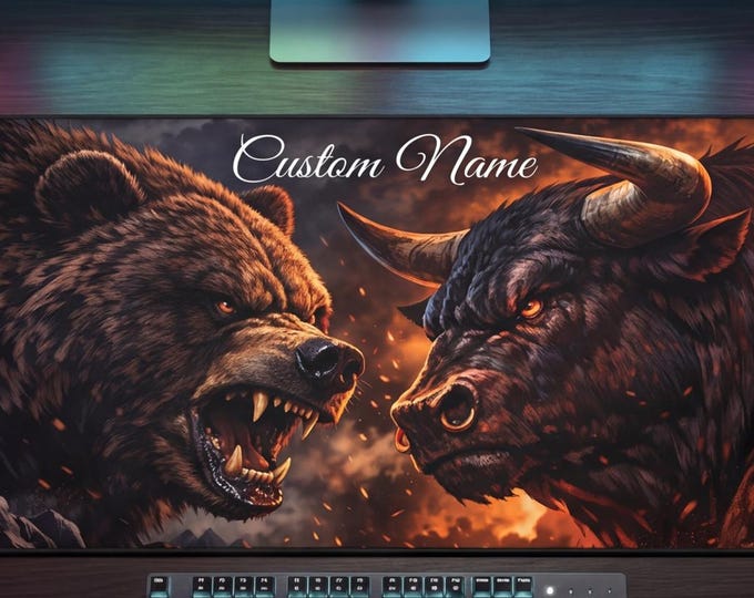 Personalized Bull vs Bear Desk Mat, Intense Stock Market Trader Gift, Custom Name Large Mousepad, Finance Office Decor for Traders