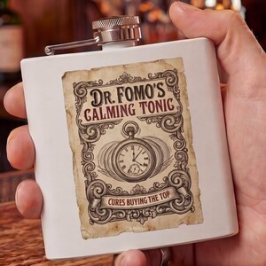 Frasco de regalo divertido de la Bolsa de Valores - "Tónico Calmante del Dr. FOMO" - Regalo de broma para traders de criptomonedas - Humor de Wall Street - Frasco de whisky para inversores