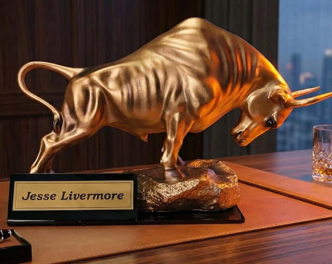 Personalized Wall Street Bull Statue - Custom Name Stock Market Gift for Trader, Broker, Investor - Large Gold Bull Sculpture Office Decor