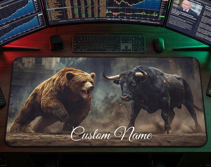 Custom Trader Desk Mat "Bull & Bear" - Personalized Day Trader Gift -Day Trader Gift, Investor Gift, XL Desk Pad, For Trading setup