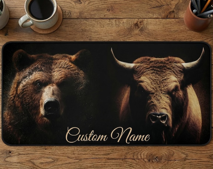 Personalized Stock Market Desk Mat, Bull and Bear Mouse Pad, Wall Street Office Decor, Day Trader Gift, Finance Crypto Investor Gift, XL Pad