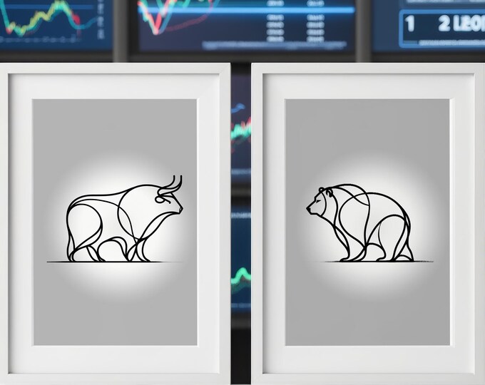 Bull and Bear Line Art Print Set – Modern Trader Office Decor
