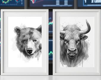 Black and White Bull and Bear Watercolor Set, Abstract Trading Wall Art, Investor Gift, Stock Market Office Decor