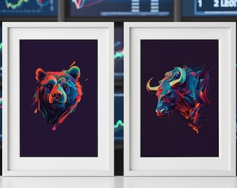 Dark Bull and Bear Canvas Set, Neon Watercolor Trading Wall Art, Stock Market Office Decor, Luxury Investor Gift, Crypto Forex Trader Art