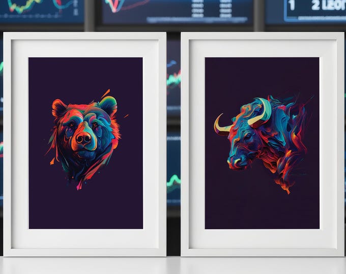 Neon Bull and Bear Print Set – Modern Trader Office Art