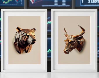 Bull and Bear Poster Set, Geometric Trading Wall Art, Stock Market Decor for Office, Modern Investor Gift, Forex Crypto Art Print