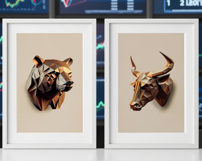 Bull and Bear Wall Art Set, Geometric 3D Stock Market Prints