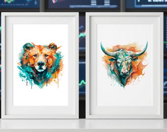 Watercolor Bull and Bear Poster Set, Colorful Trading Wall Art, Abstract Stock Market Decor, Investor Gift, Forex Print, Office Wall Art
