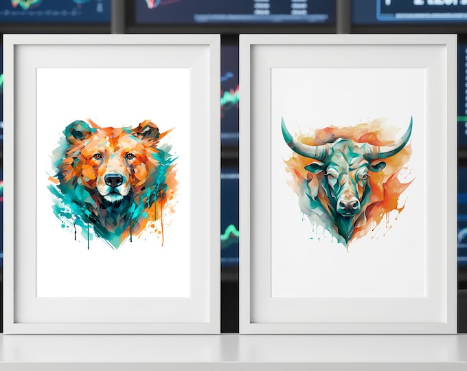 Bull and Bear Watercolor Art Print Set – Trader Office Decor