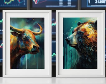 Bull and Bear Art Print Set | Stock Market Wall Art | Trader Gift | Finance Office Decor Poster