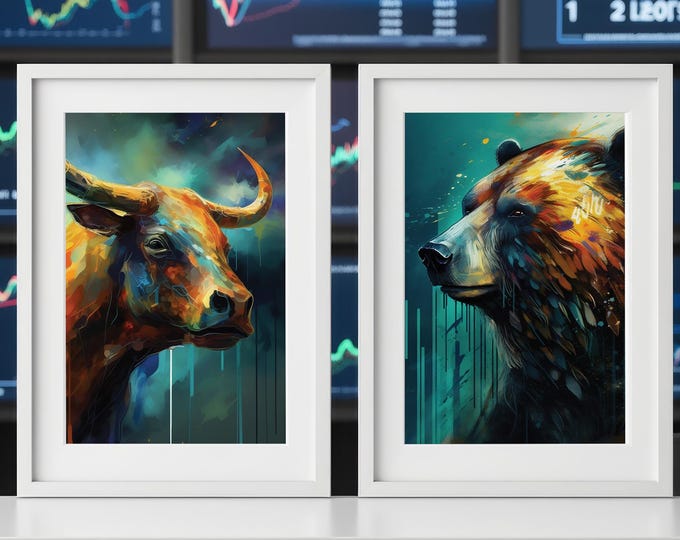 Abstract Bull and Bear Art Print Set – Modern Stock Market Decor