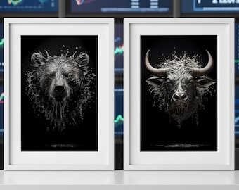Metallic Bull and Bear Poster Set, Liquid Flow Trading Wall Art, Luxury Stock Market Decor, Investor Gift, Forex Crypto Print
