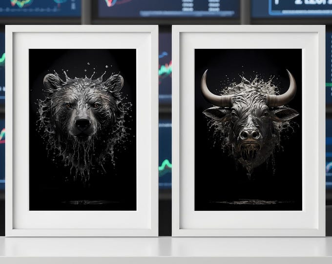 Bull and Bear Art Print Set – Dark Finance Decor