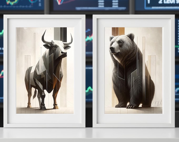 Geometric Bull and Bear Print Set – Modern Finance Art