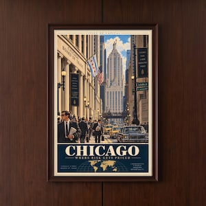 May include: A framed poster depicting a Chicago street scene with the Chicago Board of Trade building, vintage cars, and pedestrians. The text reads CITIES OF CAPITAL, CHICAGO WHERE RISK GETS PRICED, LASALLE ST, BOARD OF TRADE, and COMMODITIES FINANCE INDUSTRY OPPORTUNITY.