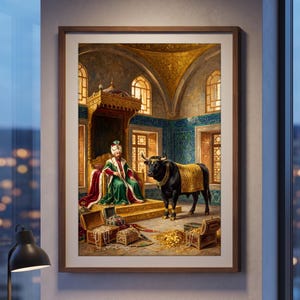Op de afbeelding: Een ingelijste muurkunstprint met een persoon in een groen en rood gewaad zittend op een gouden troon in een betegelde kamer. Een grote zwarte stier met een gouden deken staat in de buurt. Open kisten vol gouden munten liggen op de vloer.