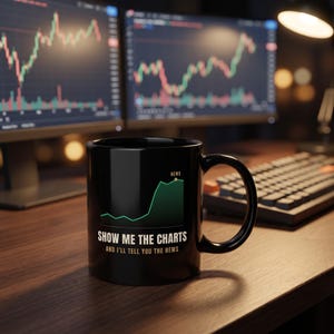 May include: A black ceramic mug featuring a green line graph graphic and the white text "SHOW ME THE CHARTS AND I'LL TELL YOU THE NEWS" with the word "NEWS" positioned above the peak of the graph line, set against a dark, out-of-focus office background.