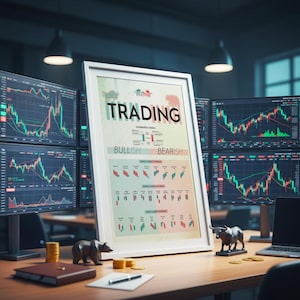 Può includere: Un poster incorniciato con la parola "TRADING" e le basi dei grafici a candela, esposto su una scrivania con più monitor di computer che mostrano grafici di borsa. Una piccola statua di toro e orso è sulla scrivania.