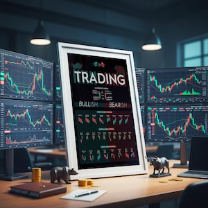 May include: A framed chart labelled "TRADING" with candlestick basics, bullish and bearish patterns. Several computer monitors show stock charts. A small bull and bear statue sit on a desk with coins and a laptop.