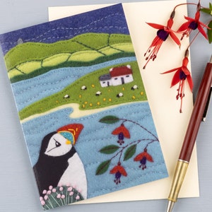 Puffin greeting cards, Embroidery Art Notecards, Irish landscape Folk Art Card Pack