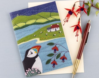 Puffin greeting cards, Embroidery Art Notecards, Irish landscape Folk Art Card Pack